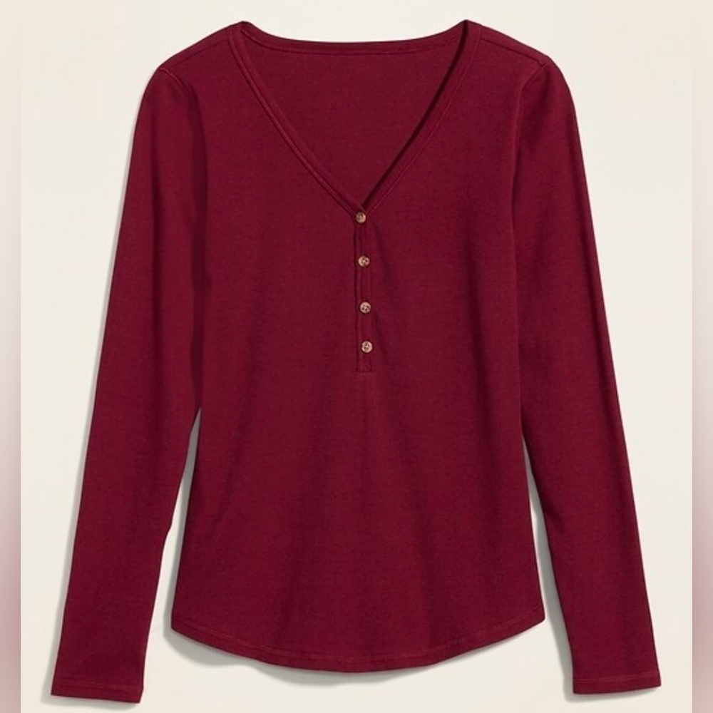 Old Navy Ribbed Slim Fit Henley Shirt Dark Burgundy Maroon